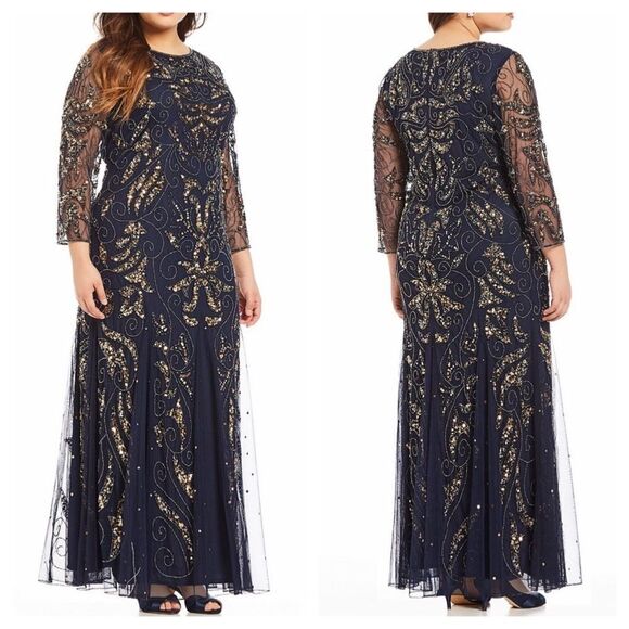 Pisarro Nights Navy & Gold LongSleeve Gown Sz4 - Picture 1 of 8